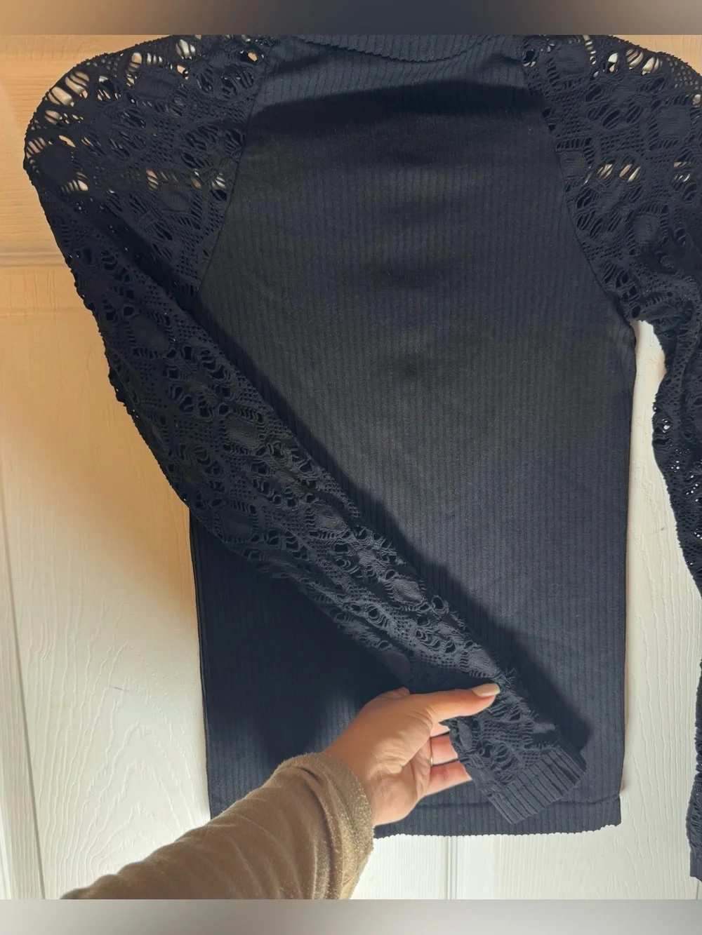 Intimately Free People Black Ribbed Fitted turtleneck Top Long Lace Sleeves